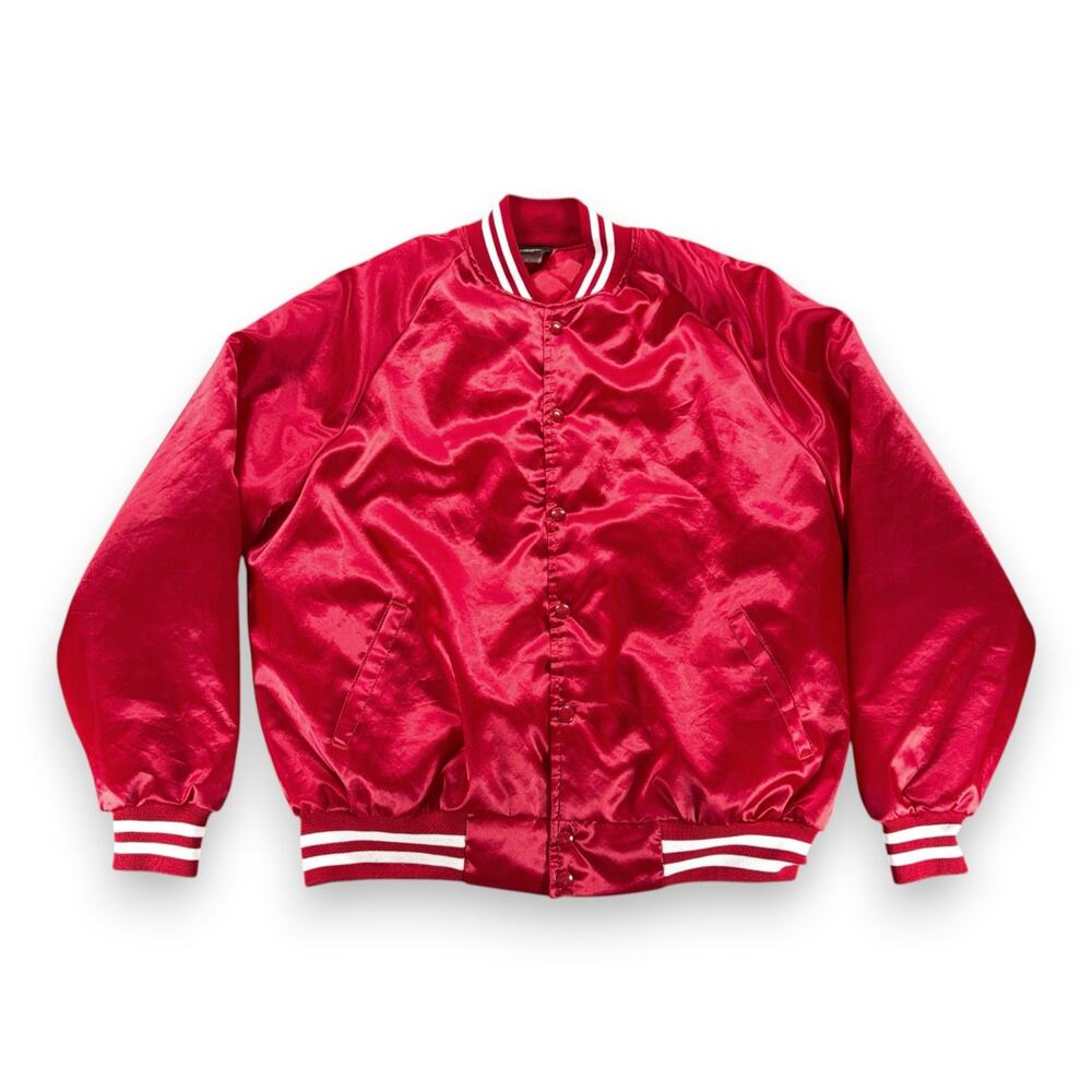Vintage Jacket Adult Extra Large Red White Satin Snap Bomber Raglan USA 80s